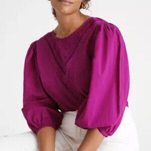 Farm Rio Anthropologie Kelsie Purple Cotton Lace Puff Sleeve Top Sz Large Blouse
